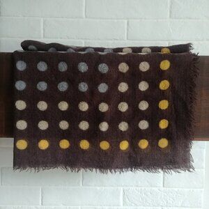 Echo chocolate brown square scarf with yellow and blue circles fringe
